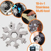 An 18-in-1 stainless steel multi-tool showing various tools and components used for outdoor and daily tasks.