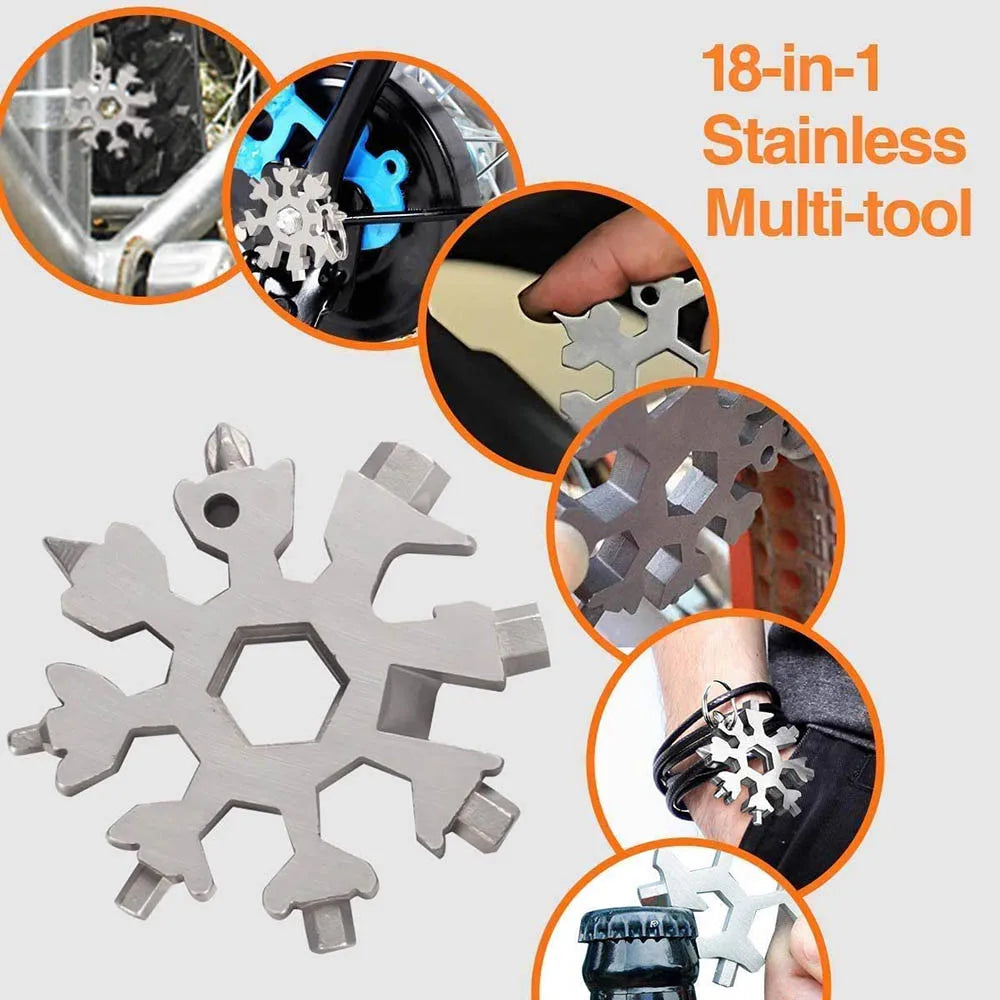 An 18-in-1 stainless steel multi-tool showing various tools and components used for outdoor and daily tasks.