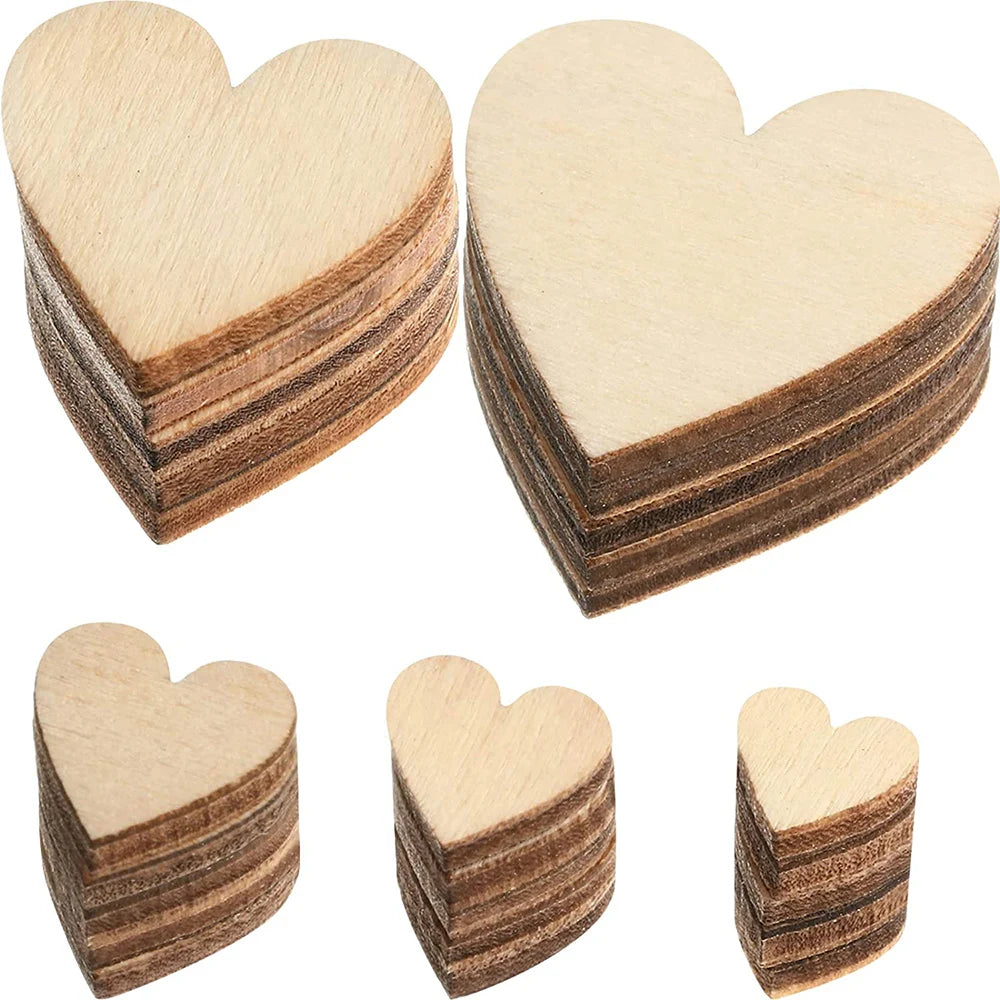 Stacks of heart-shaped unfinished wooden slices for DIY crafts