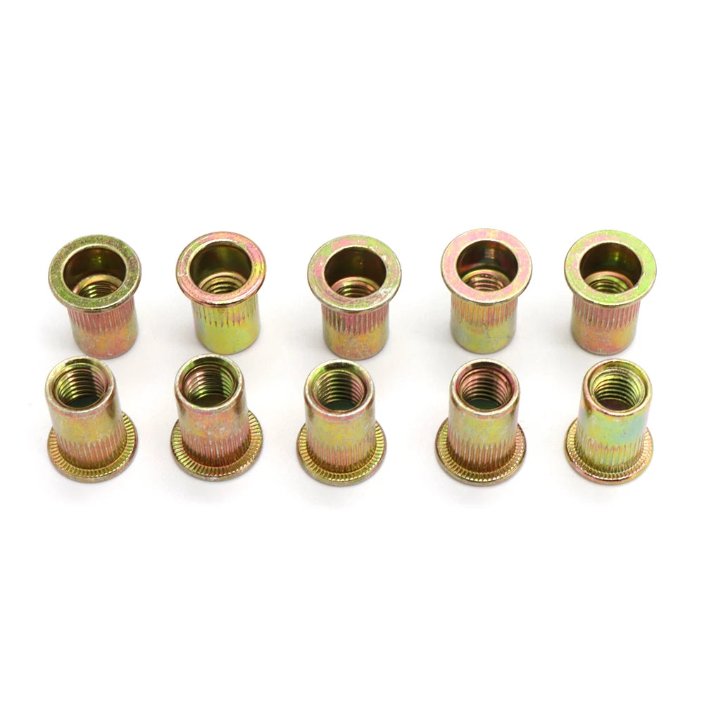 A set of precision rivet nuts ranging from M3 to M12, zinc plated and brass colored.