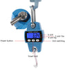 A blue digital hanging scale with a clamp and a power button is shown, measuring weight.