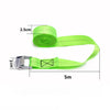 A roll of bright lime green heavy duty buckle tie down straps with measurements shown.