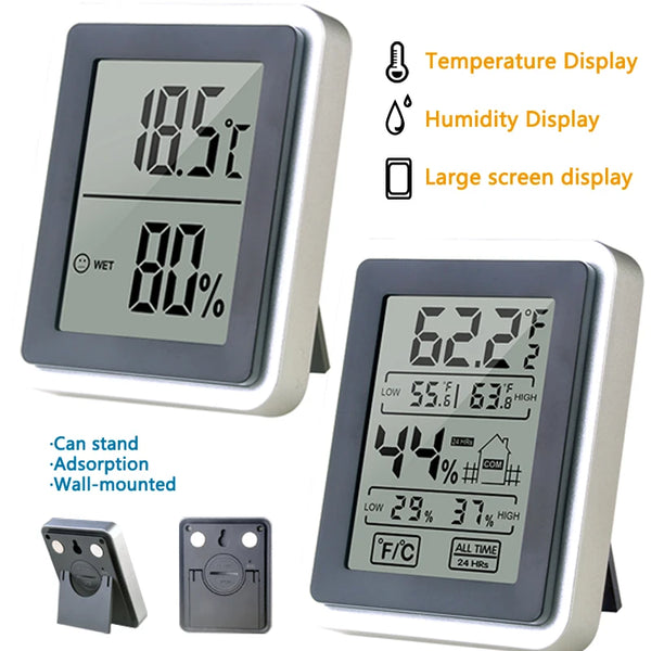 A digital thermometer and hygrometer with a large screen displaying temperature, humidity, and other environmental data.