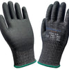 A pair of black heavy-duty anti-cut work gloves shown from the palm side.