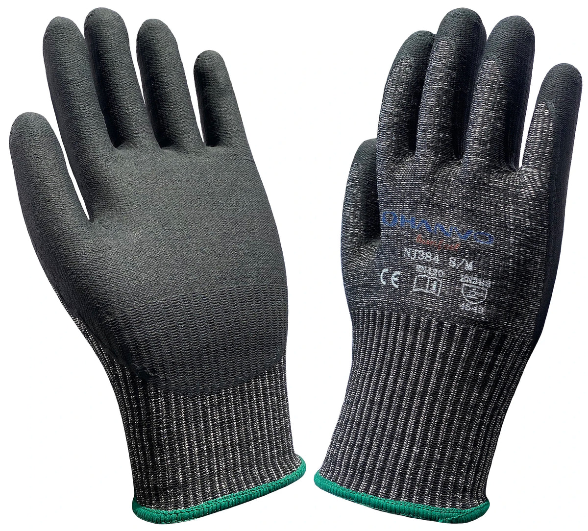 A pair of black heavy-duty anti-cut work gloves shown from the palm side.