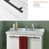 A black stainless steel kitchen door pull handle is shown mounted on a white cabinet door.
