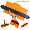 Yellow 10 inch wide profile contour gauge for woodworking and crafting shown in various views
