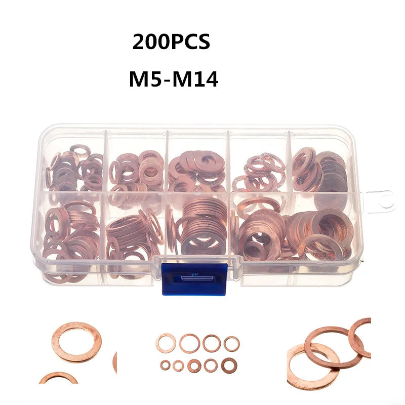 A clear plastic container holds 200 copper M5-M14 sealing washers and sump plugs.