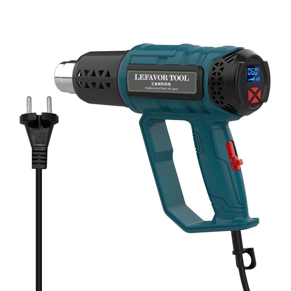 A teal hot air gun tool with a black handle and silver nozzle is shown against a white background.