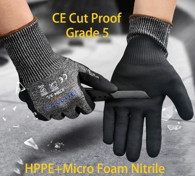 A hand wearing black CE Cut Proof Grade 5 gloves is shown cutting a material.