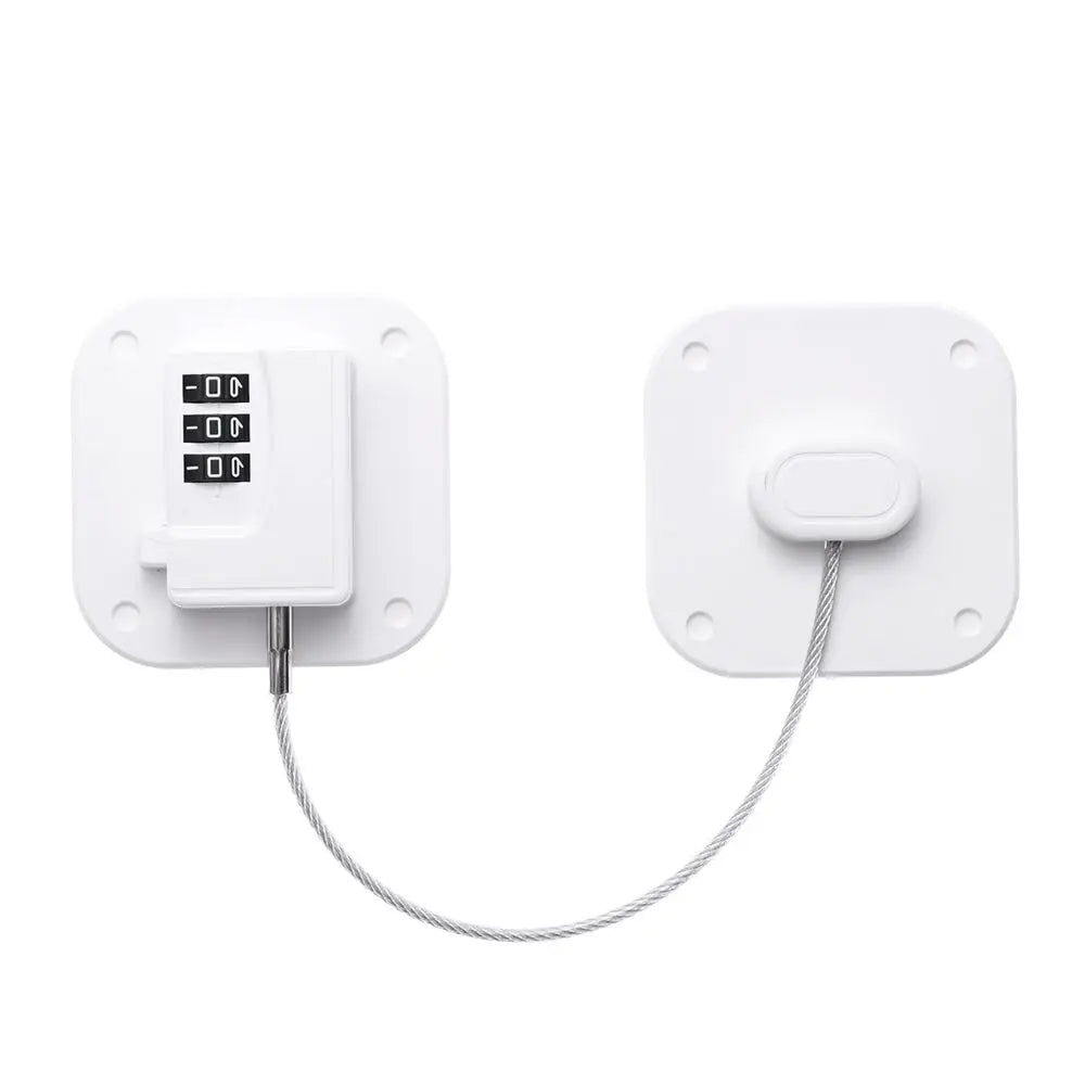 Weißer universeller Sicherheitsverschluss für Schubladen oder Schränke mit elektronischem Schloss und Kabel.