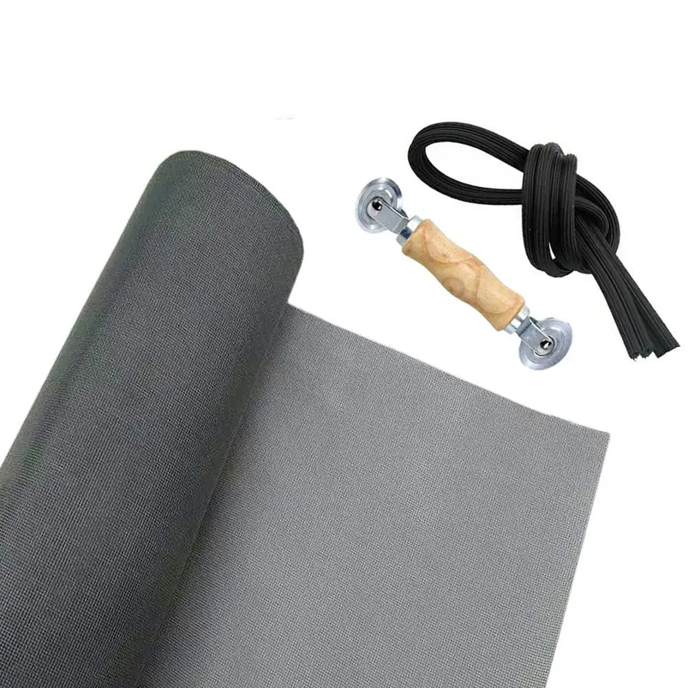 A window and door insect screen kit showing a rolled gray fabric and a wooden handle with a black cord.