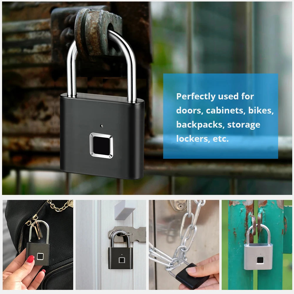 Close-up shots of a fingerprint keyless door lock on various items including a door, backpack, and storage locker.