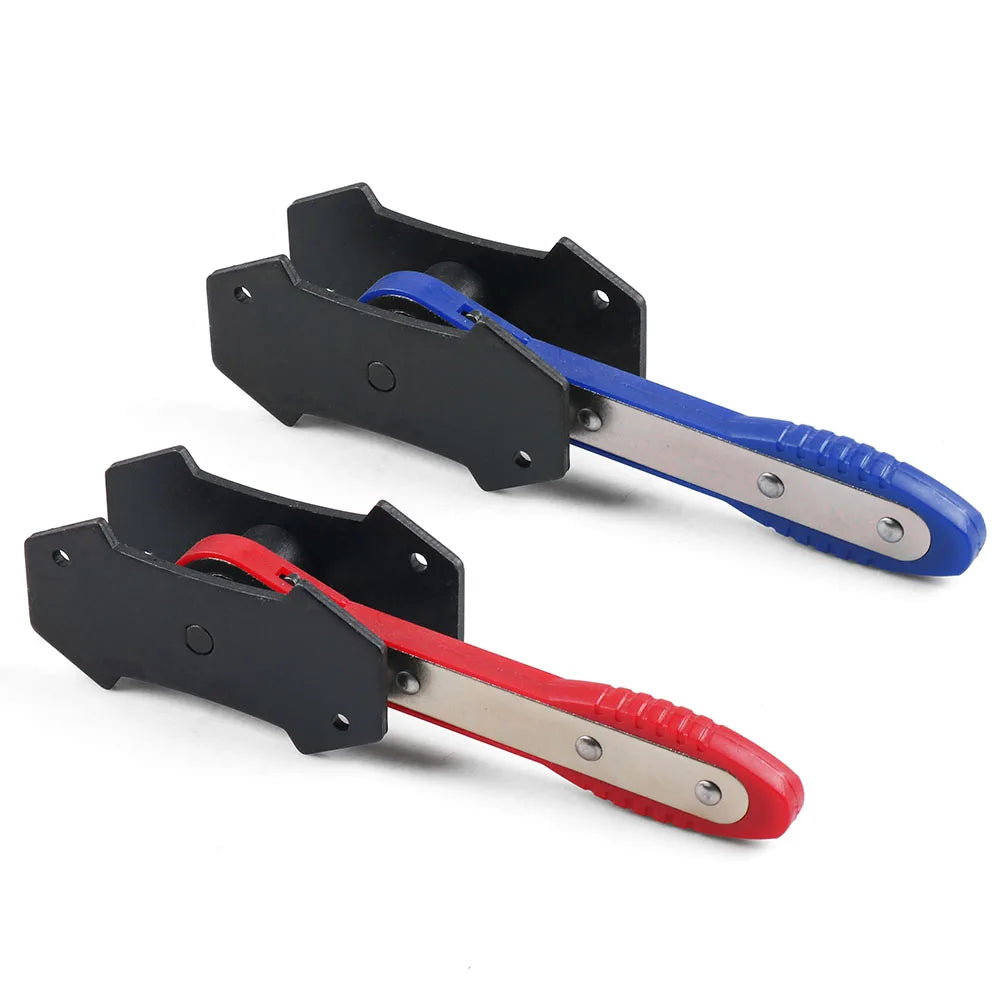 A set of three precision car ratchet brake piston spreader tools in black, blue, and red.