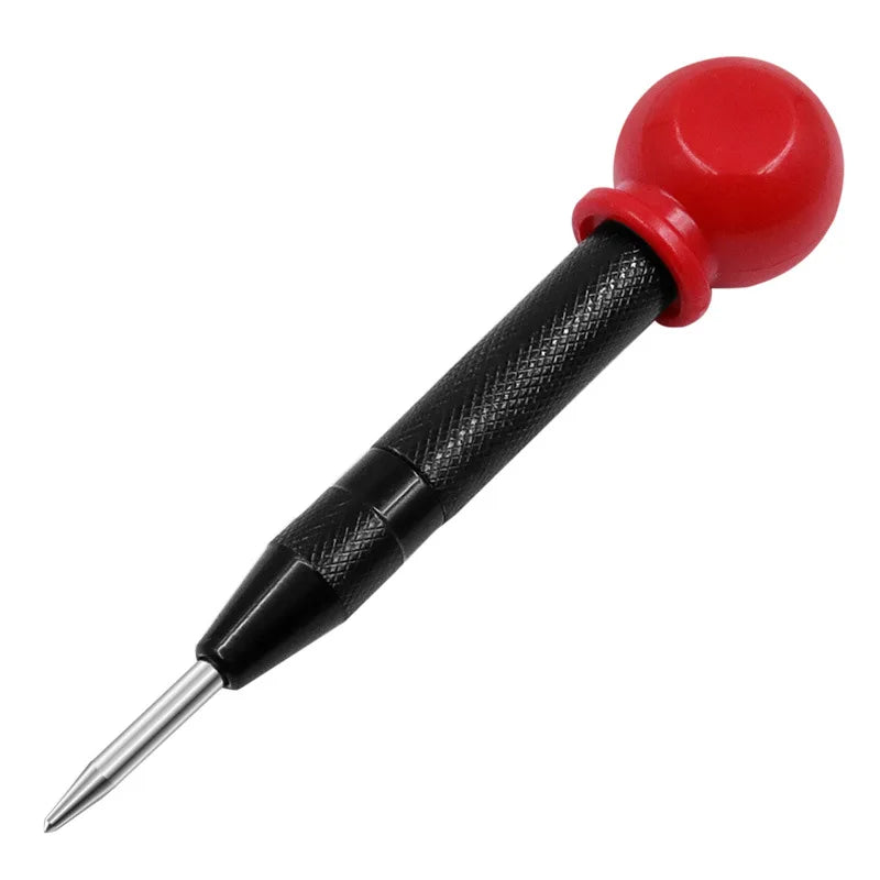 A red spring-loaded center pin punch with a black textured handle and a sharp point.