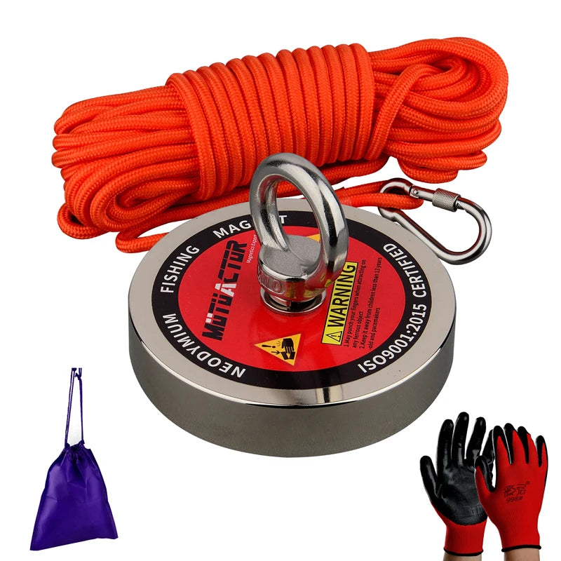 Porte-gobelet magnétique de récupération robuste avec une corde orange et des gants noirs