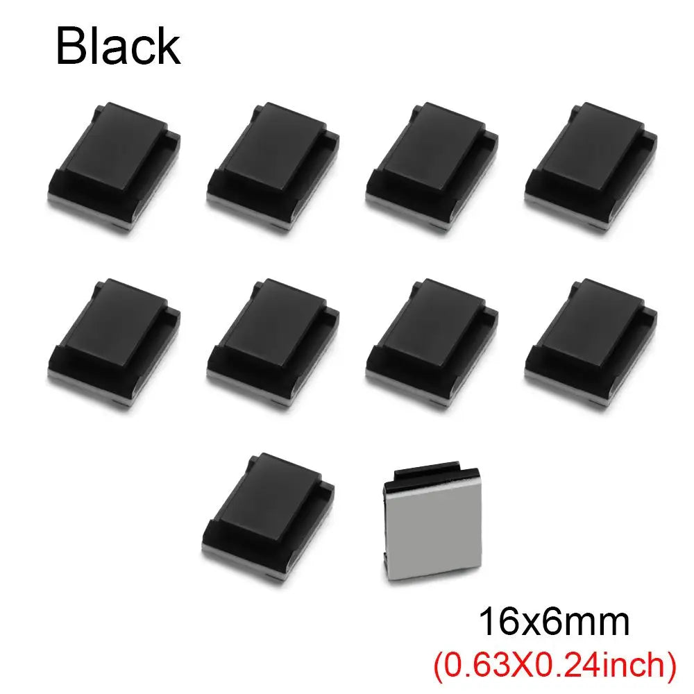 Black self-adhesive cable clips shown in various orientations and sizes.