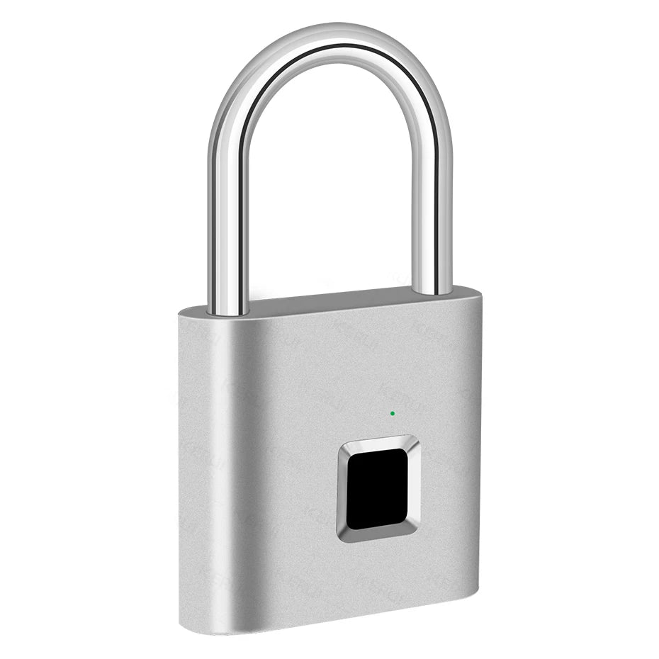 A silver fingerprint keyless door lock with a curved metal handle and a square reader.