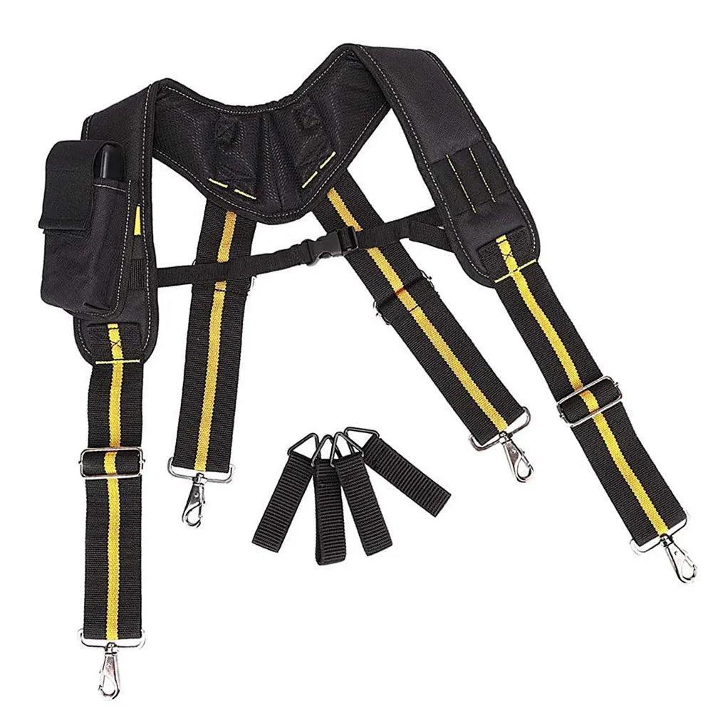 Black and yellow adjustable tool belt suspenders with a pouch bag
