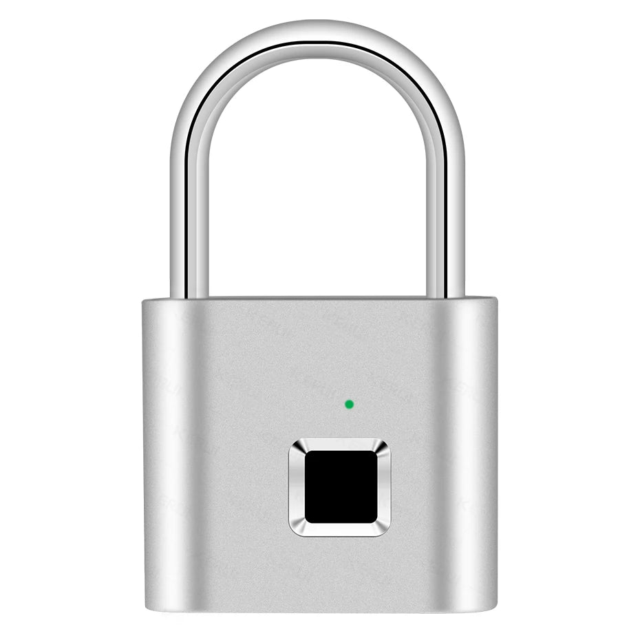 A silver fingerprint keyless door lock with a circular green indicator light and a keyhole slot.