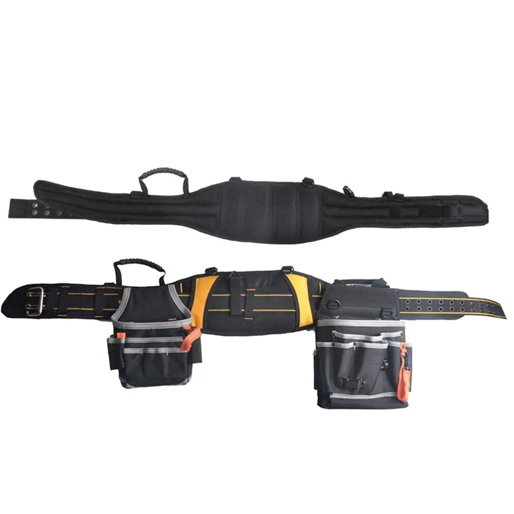 Black and yellow adjustable tool belt suspenders with multiple pouch bags