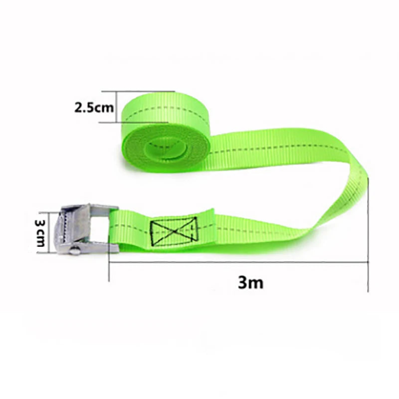 A roll of bright lime green heavy duty buckle tie down straps with measurements shown.