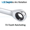 Close-up view of a metal tool demonstrating arc rotation and 72-tooth ratcheting mechanism.