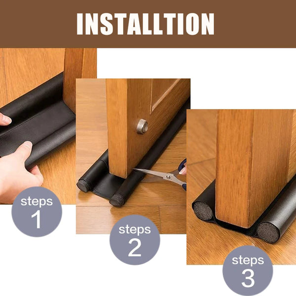 Three steps showing the installation of a flexible door sealing strip on a wooden door frame.