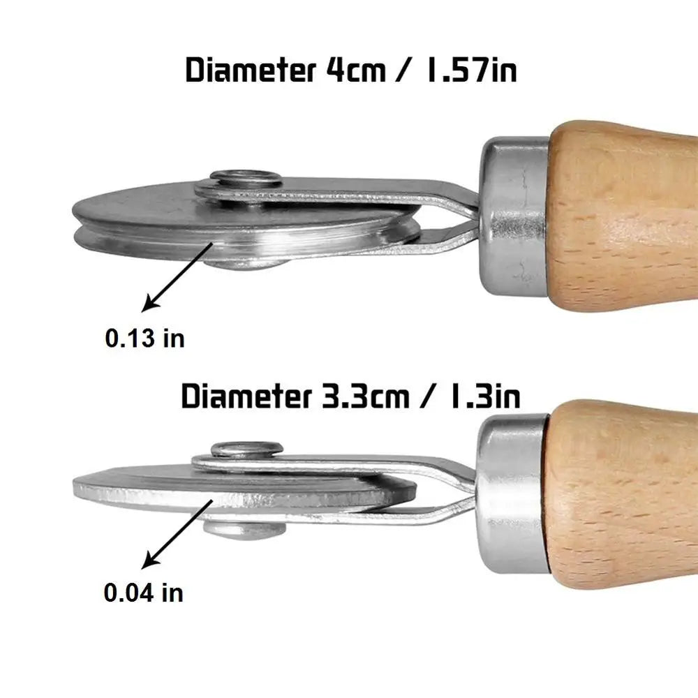 A silver insect screen kit with a wooden handle, showing various diameters and dimensions.