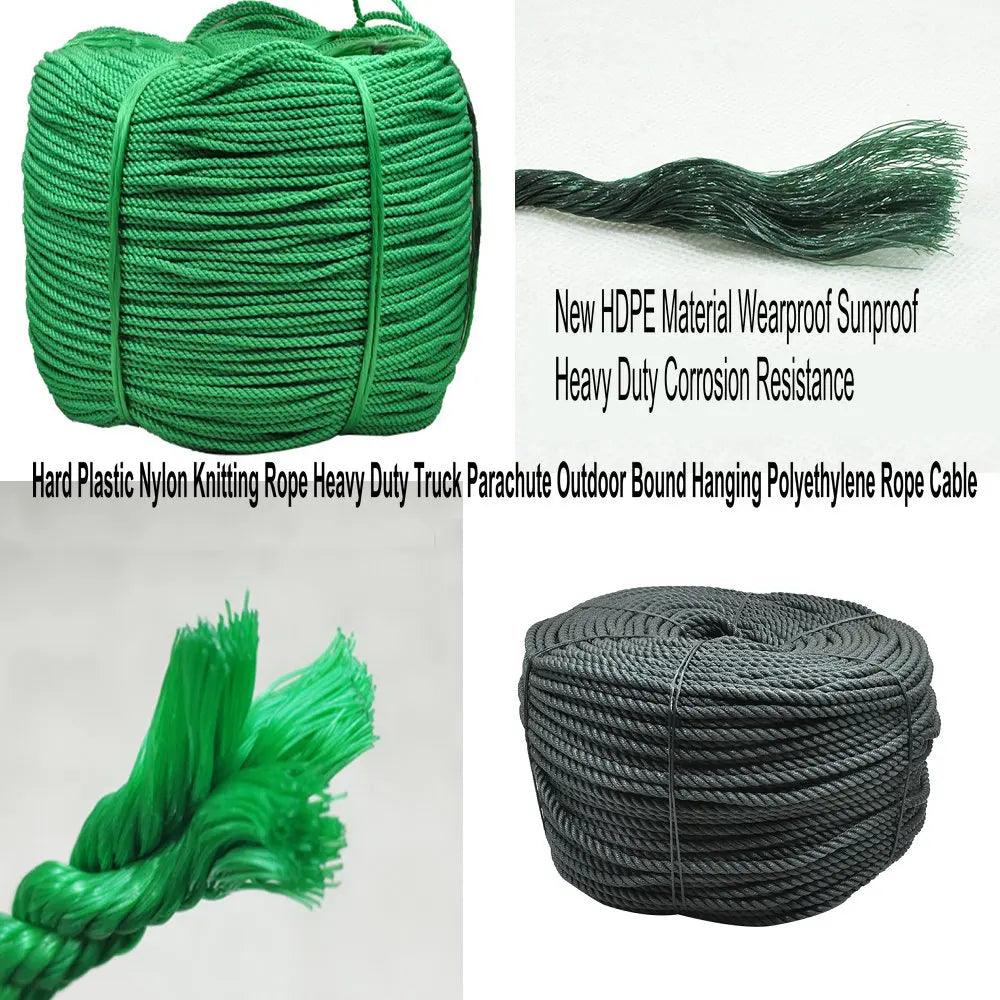 Green and black heavy duty nylon knitting rope for outdoor and marine use, shown as a coiled rope and a loose fiber.