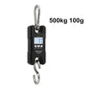 A black digital hanging scale with a metal hook, used to measure weights like 500kg or 100g.