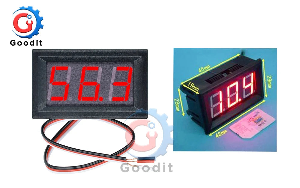 A black digital voltmeter gauge with red display and wires shown next to a small pink object.