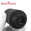 A hand is holding a black professional impact socket set for automotive and repair work.