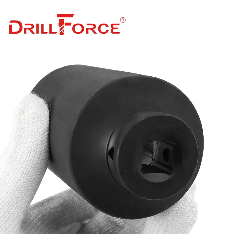 A hand is holding a black professional impact socket set for automotive and repair work.