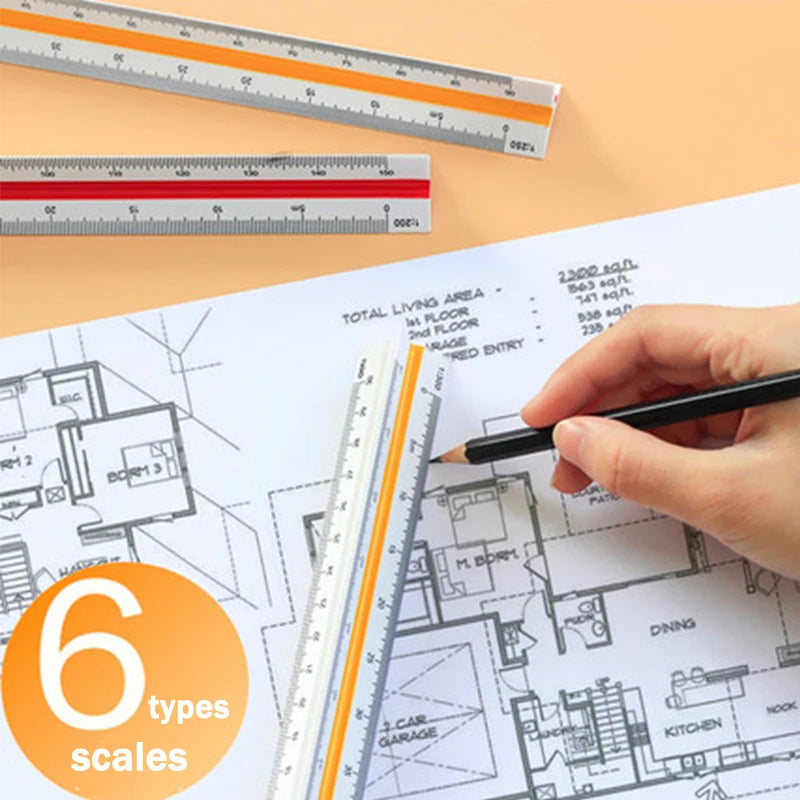 A precision triangular scale ruler is shown next to architectural blueprints and a measuring tape.