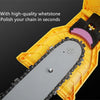 A yellow portable chainsaw tooth sharpening kit with a metal chain and a sharpening tool.