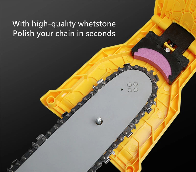 A yellow portable chainsaw tooth sharpening kit with a metal chain and a sharpening tool.