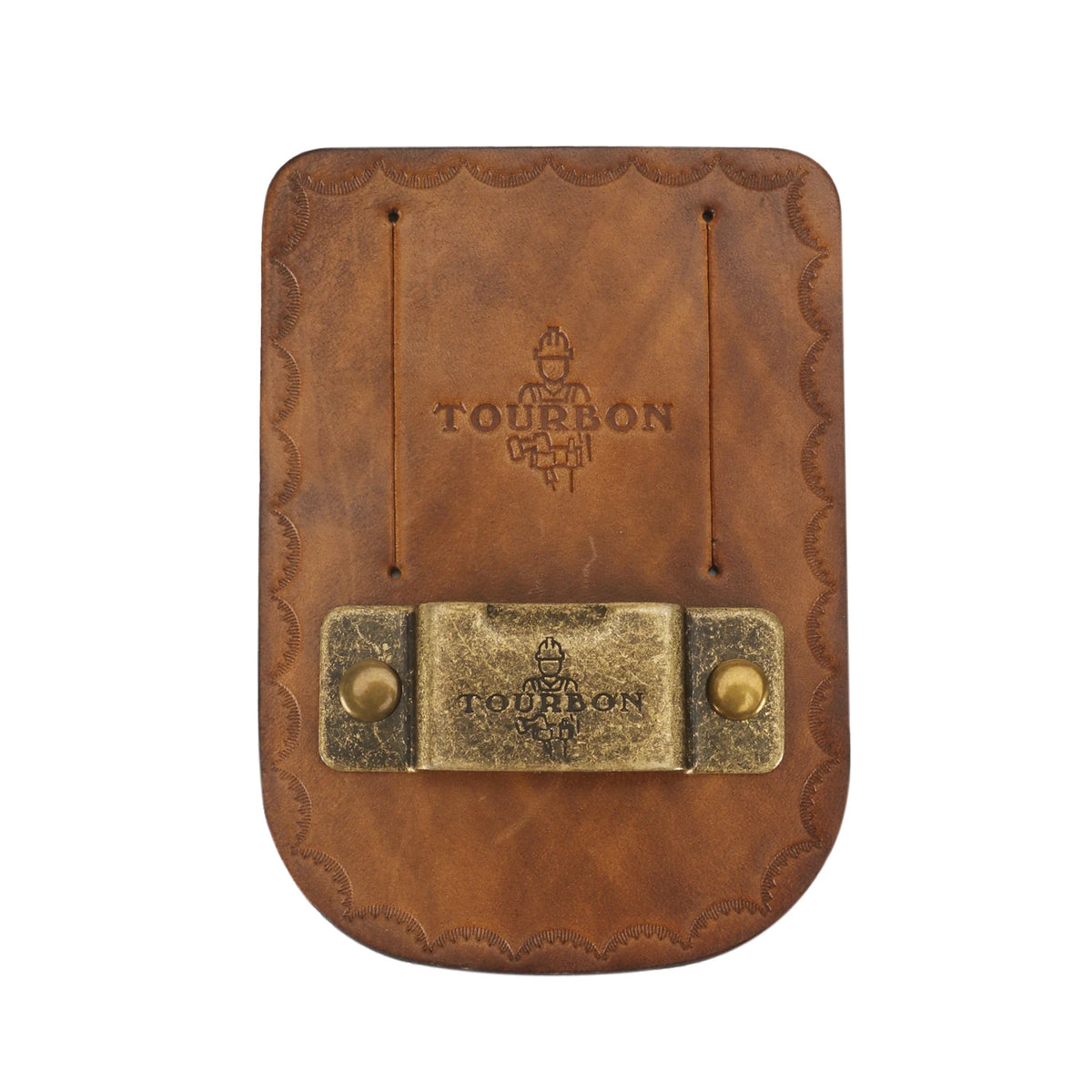 A brown leather tape measure holder with a metal clip and the word TOURBON embossed on it.