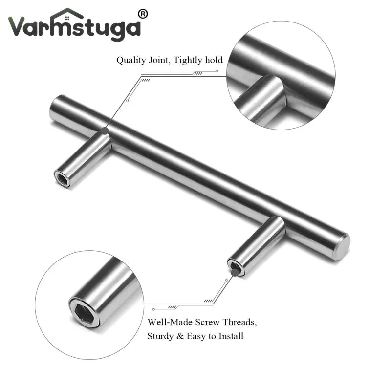 A modern stainless steel cabinet pull knob shown with a close-up of its quality joint and well-made screw threads.