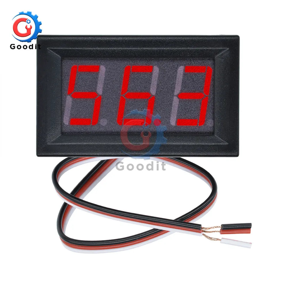 A black digital voltmeter gauge with a red display showing 5.66 volts and an attached cable.