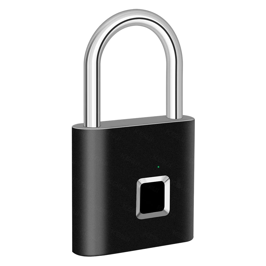 A black fingerprint keyless door lock with a silver arched keyhole.