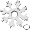 A silver stainless steel multi-tool featuring an 18-in-1 hexagonal design with various tools and a keyring.