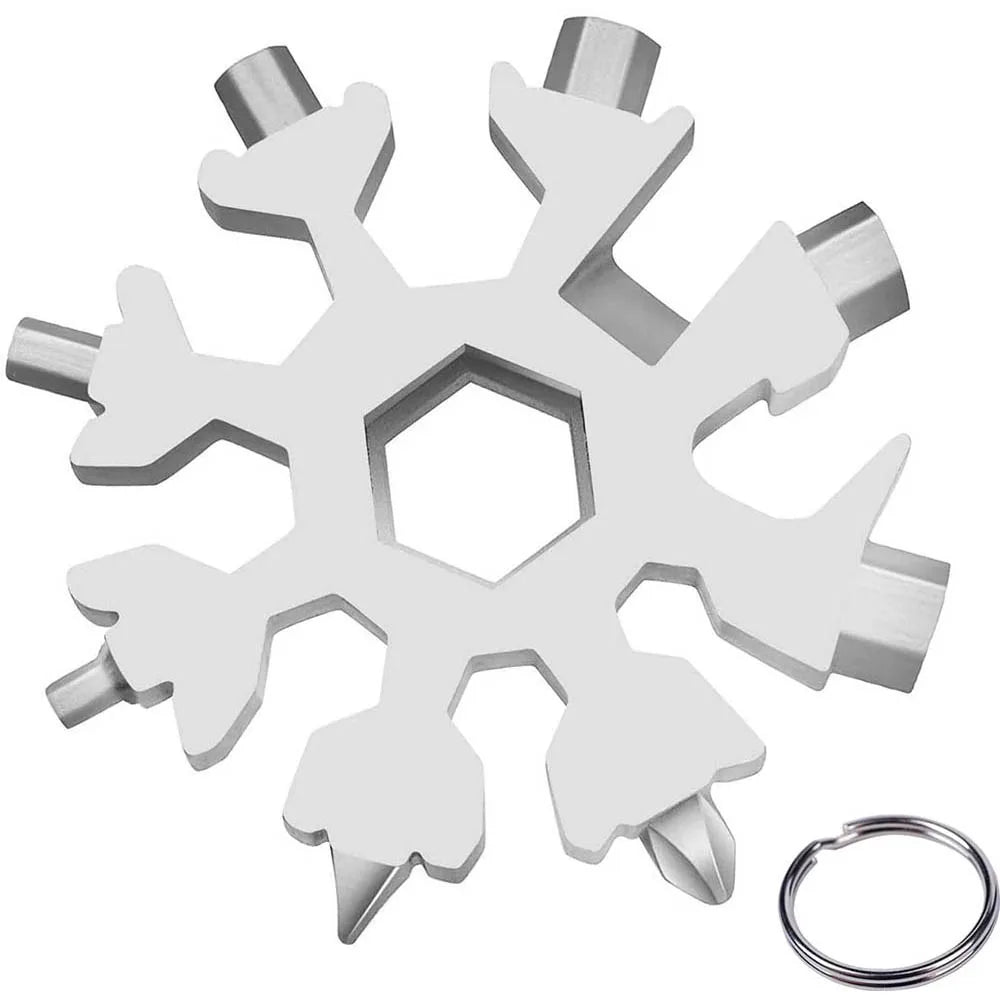 A silver stainless steel multi-tool featuring an 18-in-1 hexagonal design with various tools and a keyring.