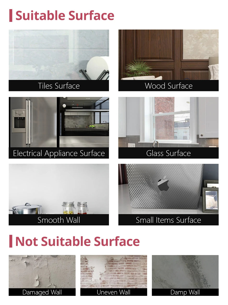 A guide showing suitable and unsuitable surfaces for vintage floral peel and stick contact paper.