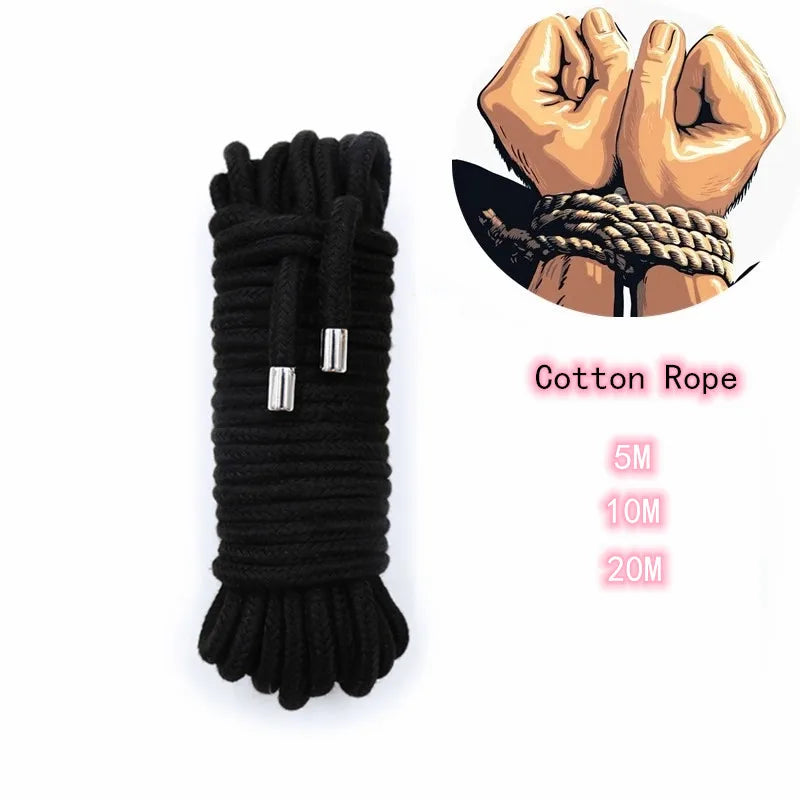 Black cotton rope set with various lengths including 5m, 10m, and 20m for bondage and restraint