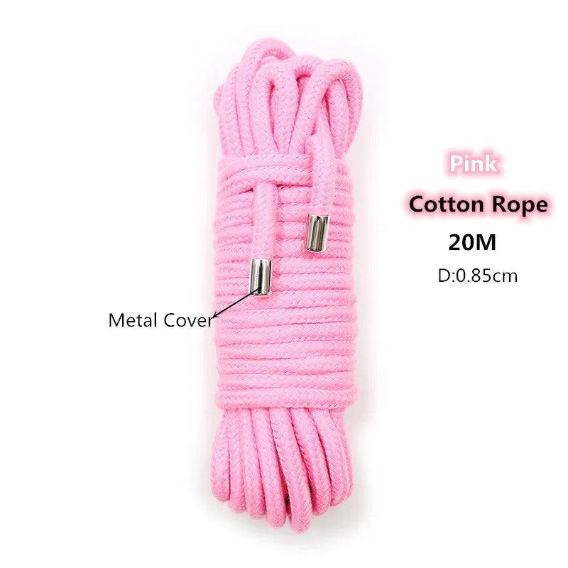 Pink cotton rope with metal covers, 20 meters long for bondage and roleplay