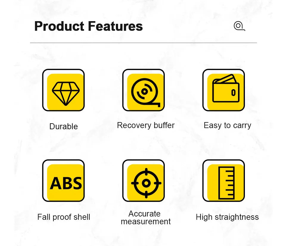 Icons illustrating features of a professional retractable measuring tape including durability, recovery buffer, easy carrying