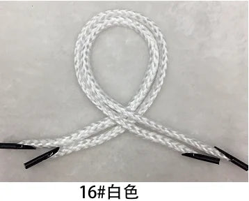 A white 16# polypropylene gift wrapping rope tied in a bow, with black tips visible.