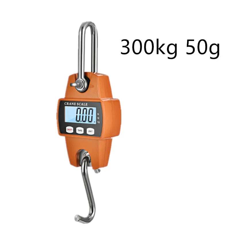 Orange digital crane scale measuring 300kg and 50g