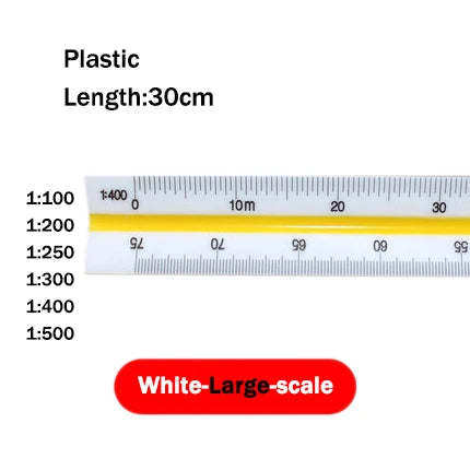 A plastic ruler marked for scale ratios from 1:100 to 1:500, with a length of 30cm.